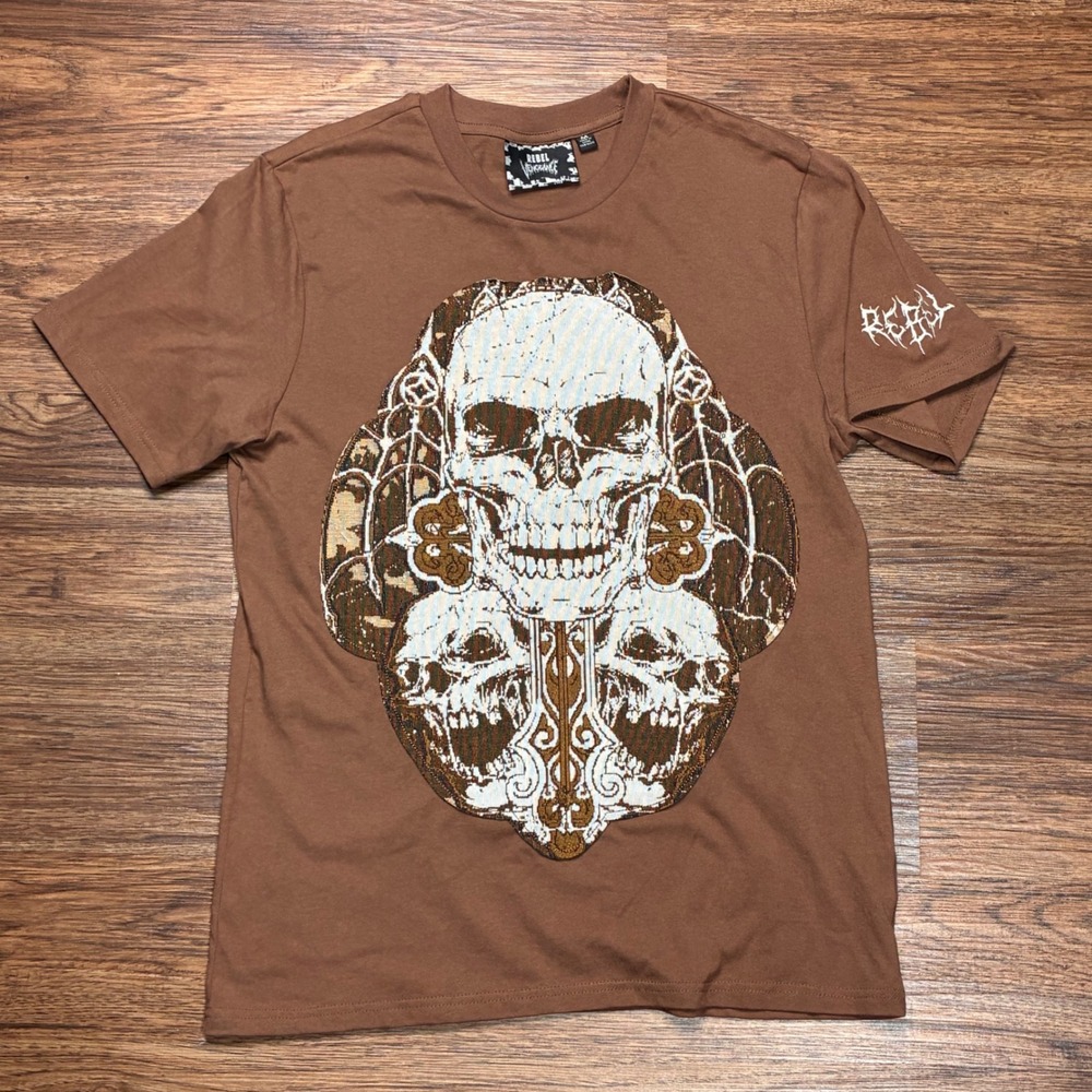 Rebel Vengeance Skull Jacquard Graphic T-Shirt Brown Medium Gothic Streetwear